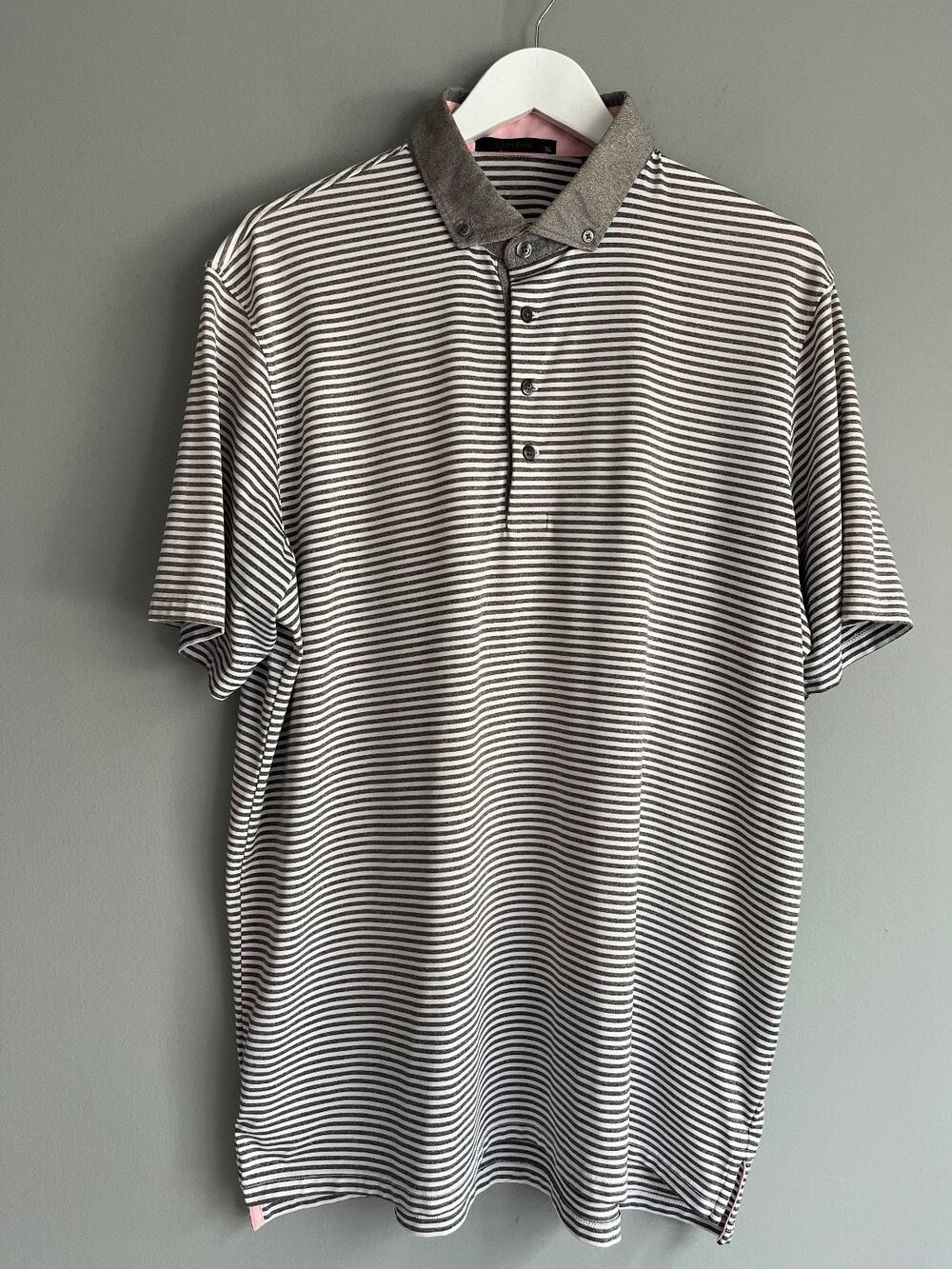 Greyson Men's Striped Golf Polo Shirt XL Gray White Performance Stretch Preppy